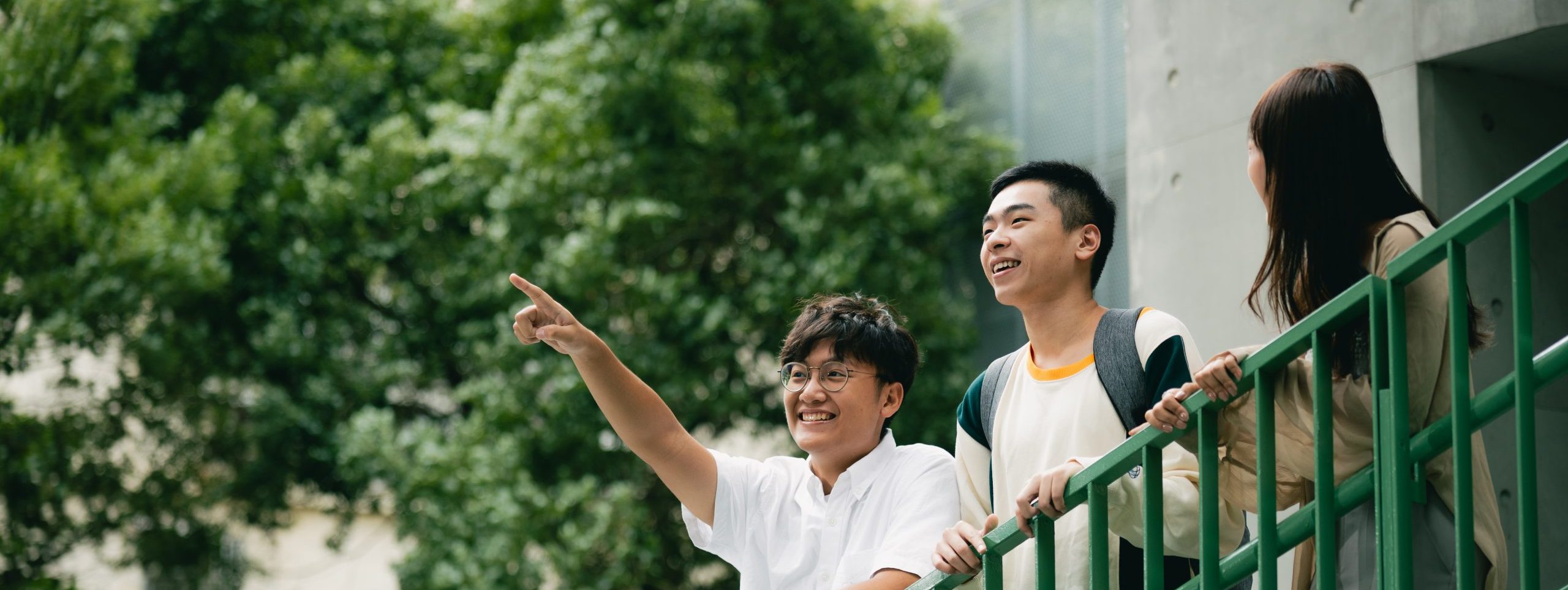 Students chatting on a campus stairway